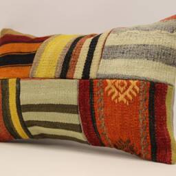 Vintage Turkish Kilim Pillow Cover, Wool Patchwork Lumbar Cushion - 12x20 In - thumbnail 3