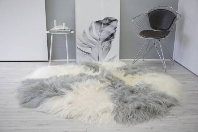 Handmade Round Icelandic Sheepskin Rug Grey & Cream Long Wool - 59 - image 1