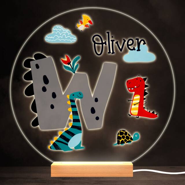 Dinosaur Alphabet Letter W Colourful Round Personalised Gift Lamp Night Light - Bedroom - image 1
