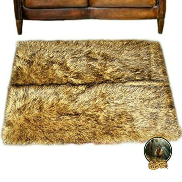 Faux Fur Area Rug - Golden Wolf Skin, Plush Designer Accent - image 1