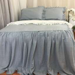 Duck Egg Blue Bedspread, Ruffle Bedding, Linen Shabby Chic Bed Cover, Queen Bedspread, King Blue Bedding - thumbnail 4