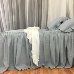 Duck Egg Blue Bedspread, Ruffle Bedding, Linen Shabby Chic Bed Cover, Queen Bedspread, King Blue Bedding - thumbnail 3