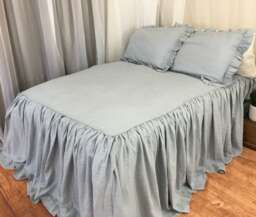 Duck Egg Blue Bedspread, Ruffle Bedding, Linen Shabby Chic Bed Cover, Queen Bedspread, King Blue Bedding - thumbnail 1