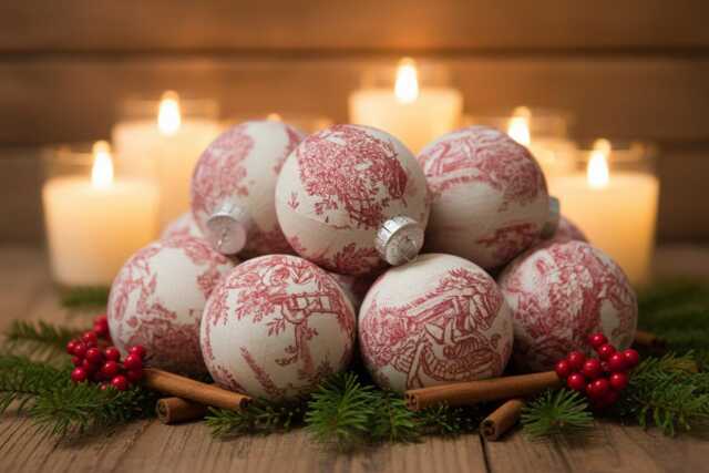 Red Toile Christmas Ornament French Country Fabric Tree Decoration - image 1