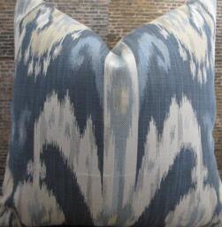 Designer Pillow Cover, 12 X 16, Nah Ikat Jacquard, Blue & Tan - thumbnail 1