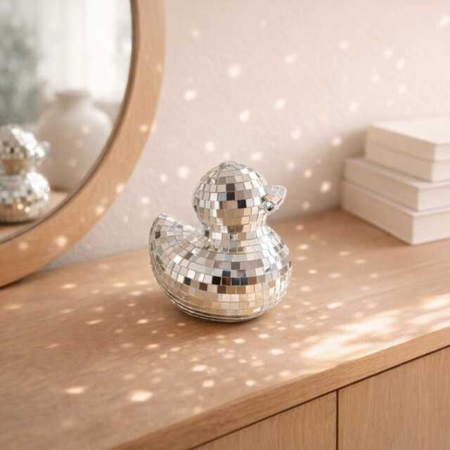Disco Ball Duck Decor - Mirror Mosaic Statue Silver Gold Rose Home Accent - image 1