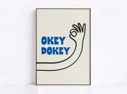 Okey Dokey Print, Mid Century Print - Aesthetic Wall Art Trendy Blue Typography Hand Drawn Sketch - thumbnail 1