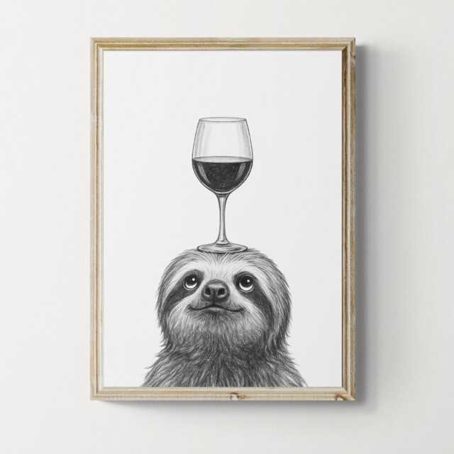 Sloth Art Print, Funny Animal & Wine Drawing, Lover Wall Decor, Lovers Gifts - image 1
