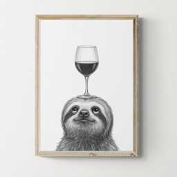 Sloth Art Print, Funny Animal & Wine Drawing, Lover Wall Decor, Lovers Gifts - thumbnail 1