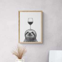 Sloth Art Print, Funny Animal & Wine Drawing, Lover Wall Decor, Lovers Gifts - thumbnail 2