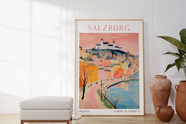 Salzburg Travel Poster, Print, Austria Art Gift, Wall Art, Decor - image 1