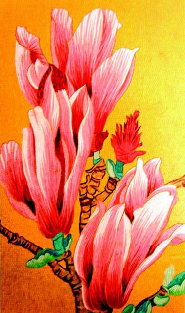 Pink Flower & Yellow Background Glass Mosaic Mural