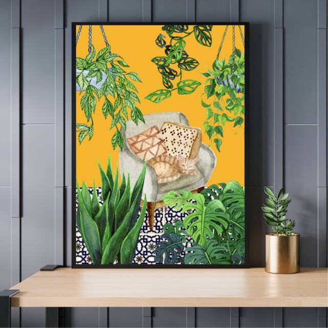 Monstera Plant Print, House Poster, Boho Home Decor, Animal Wall Art, Black Cat, Lounge Artwork, Gallery A5, A4, A3 - image 1