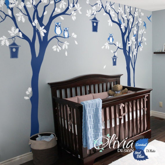 Baby Nursey Set Of 2 Tree Wall Decals Tattoo Nursery Decor Large Mural Color Whimsical Sticker - Nt035 - image 1