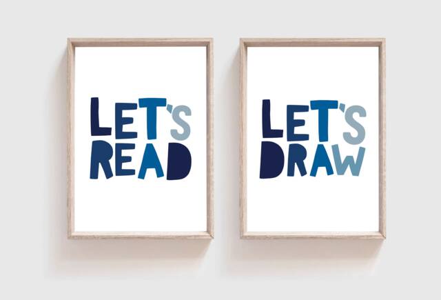 Set Of 2, Let's Read Draw Prints, Reading Playroom Corner, Boys Bedroom, Playroom, Nursery Wall Art, Learning
