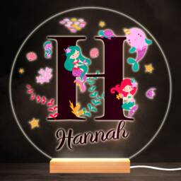 Sealife With Mermaids Alphabet Letter H Round Personalised Gift Lamp Night Light - Bedroom