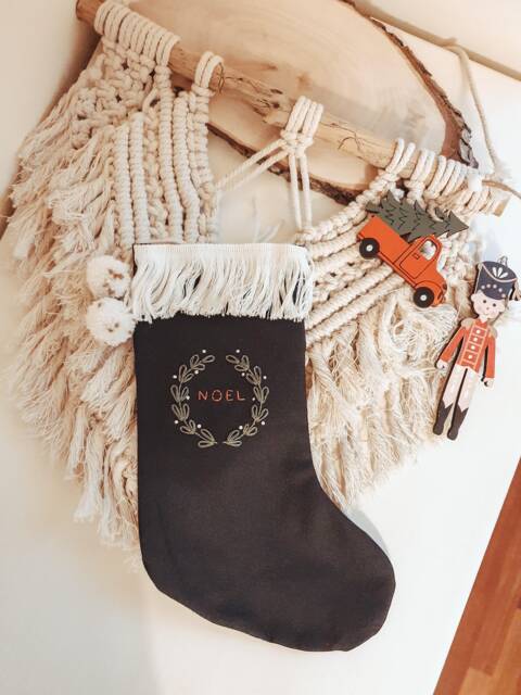 Personalized Black Santa Stocking, Custom Christmas Cotton Linen Name Embroidered Xmas Custom Ornaments - image 1
