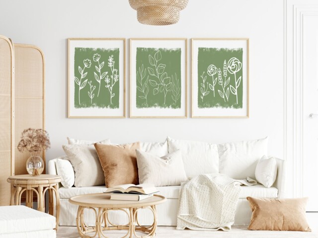 Sage Green Floral Wall Art Prints - Botanical Set Of 3 - image 1