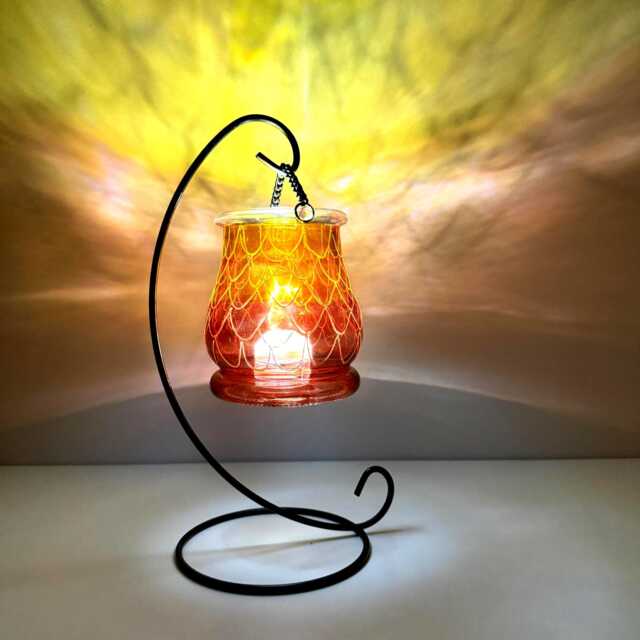 Amber Ruby Glow Lantern, Gold Detail - Hand Painted Glass Tealight Holder - image 1