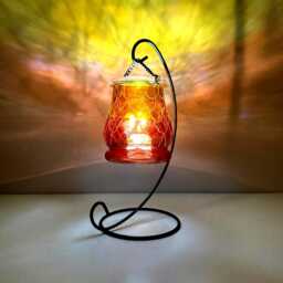 Amber Ruby Glow Lantern, Gold Detail - Hand Painted Glass Tealight Holder - thumbnail 3