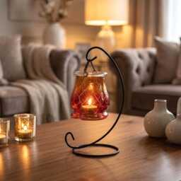 Amber Ruby Glow Lantern, Gold Detail - Hand Painted Glass Tealight Holder - thumbnail 2