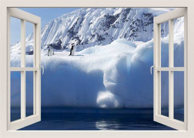 3D Window Wall Decal, Penguins Snow Iceberg Frame Sticker, View Home Mural