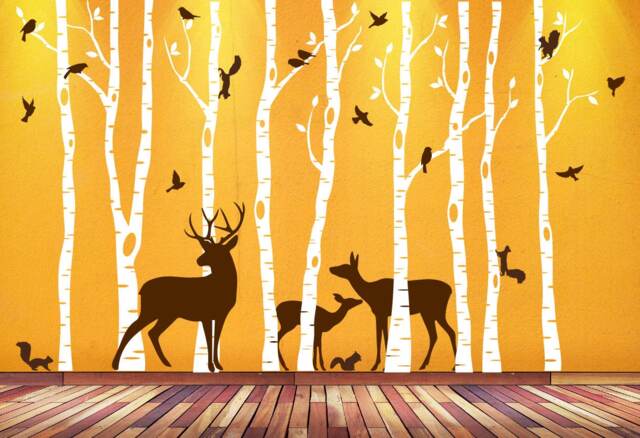 Birch Tree Wall Art Decal Forest Woodland Birds Deer Family Squirrels Buck Doe Fawn Nursery Decor Sticker Removable Custom - 9 Trees 1362 - image 1