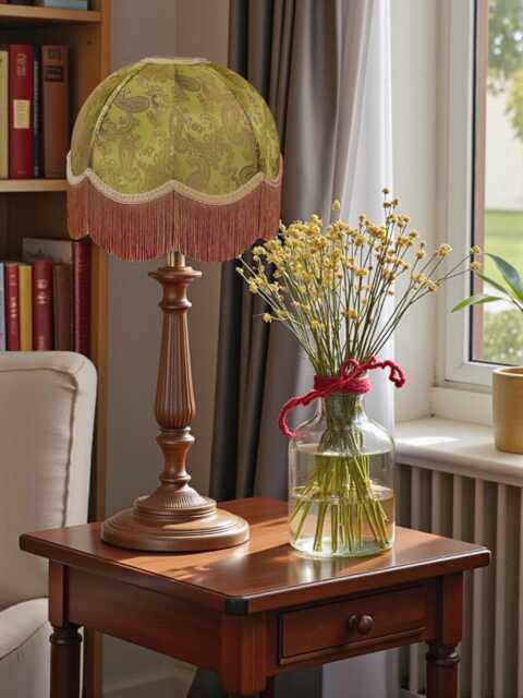 Gold Paisley Print Fabric Lampshade With Antique Gold Fringe Handmade For Table & Floor Standard Lamp Shades, Ceiling Lights - image 1