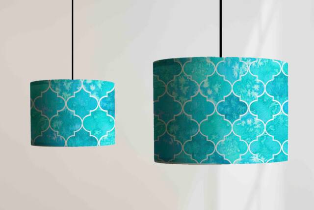 New Made To Order Lamp Shade Moroccan Pattern Mixed Fabric Aqua Blue Marble Effect Moroccan Pendant Light - image 1