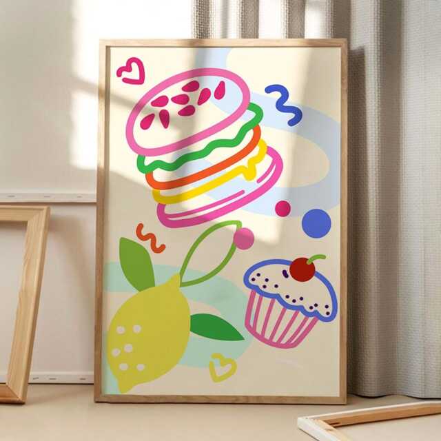 Burger & Lemon Cartoon Kitchen Art Canvas Poster, Trendy Wall Art, Aesthetic Decor, Retro Home Printed Gift - image 1