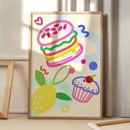 Burger & Lemon Cartoon Kitchen Art Canvas Poster, Trendy Wall Art, Aesthetic Decor, Retro Home Printed Gift - thumbnail 1