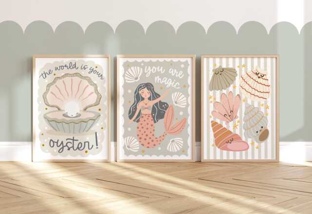 Set Of 3 Unframed Sea Shells & Mermaids Prints, Neutral Nursery Ocean Oyster Print, Decor, Playroom Prints - image 1