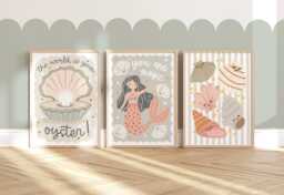 Set Of 3 Unframed Sea Shells & Mermaids Prints, Neutral Nursery Ocean Oyster Print, Decor, Playroom Prints - thumbnail 1