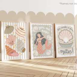 Set Of 3 Unframed Sea Shells & Mermaids Prints, Neutral Nursery Ocean Oyster Print, Decor, Playroom Prints - thumbnail 2