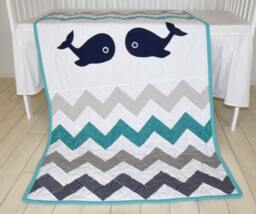 Nautical Baby Quilt Boy Blanket, Whale Crib Bedding, Chevron Navy Turquoise White, Nautical Nursery - thumbnail 1