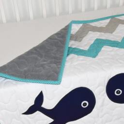 Nautical Baby Quilt Boy Blanket, Whale Crib Bedding, Chevron Navy Turquoise White, Nautical Nursery - thumbnail 3