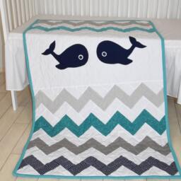 Nautical Baby Quilt Boy Blanket, Whale Crib Bedding, Chevron Navy Turquoise White, Nautical Nursery - thumbnail 2