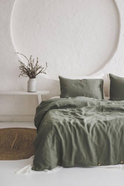 Gray Green Linen Duvet Cover With Coconut Buttons, Natural Soft Bedding, Stonewashed Cover, Comforter Gift Idea - image 1