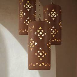 Terracotta Cylinder Hanging Pendant, Clay Pendant With Gold Chain, Terra Cotta - thumbnail 2