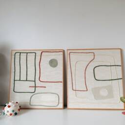 Hand Woven Pastel Diptych Wall Art Artisan Embroidery Textile Art, Abstract Framed Tapestry - thumbnail 2