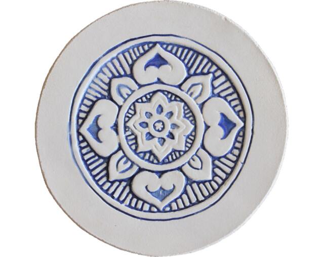 Wall Hanging With Mandala Design, Ceramic Tile Wall Glazed in Blue & White, Circle Art 21cm, Mandala Plain Border - image 1