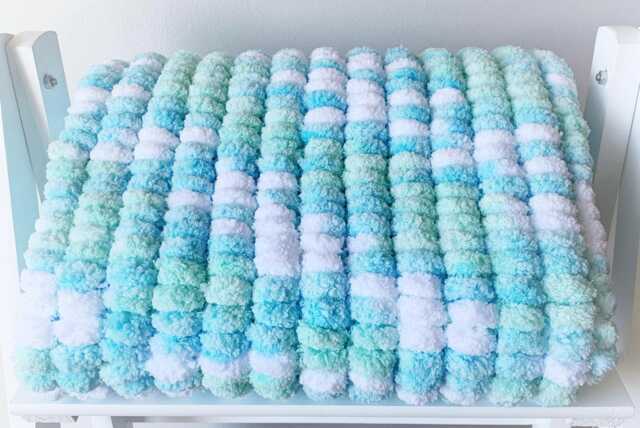 Hand Knitted Pom Baby Blanket Aqua - Car Seat Size - Approx 43cm X 49cm - image 1