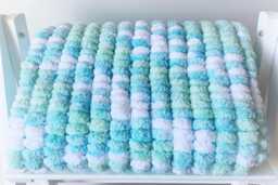 Hand Knitted Pom Baby Blanket Aqua - Car Seat Size - Approx 43cm X 49cm - thumbnail 1
