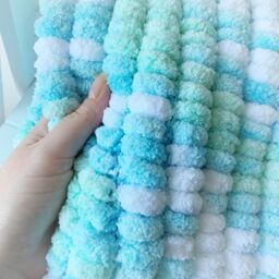 Hand Knitted Pom Baby Blanket Aqua - Car Seat Size - Approx 43cm X 49cm - thumbnail 2