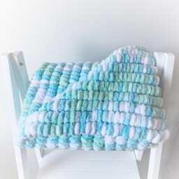 Hand Knitted Pom Baby Blanket Aqua - Car Seat Size - Approx 43cm X 49cm - thumbnail 3