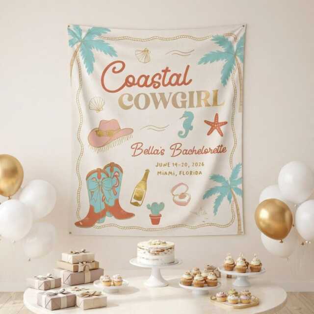 Coastal Cowgirl Bachelorette Party Banner - Boho Wall Tapestry, Beach Decor, Bridal Shower Backdrop, Western Decor - image 1