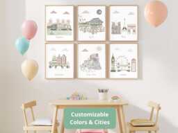 Personalized City Prints - Travel Nursery Wall Art Baby Room Decor Set Of 6 - thumbnail 1