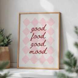 Good Food Mood Pink & Redchecked Kitchen Wall Print, Girly Retro Postive Quote Poster, Checkered Aesthetic Decor - thumbnail 1