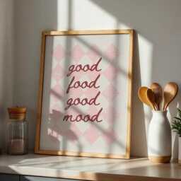Good Food Mood Pink & Redchecked Kitchen Wall Print, Girly Retro Postive Quote Poster, Checkered Aesthetic Decor - thumbnail 3