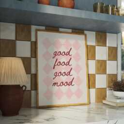 Good Food Mood Pink & Redchecked Kitchen Wall Print, Girly Retro Postive Quote Poster, Checkered Aesthetic Decor - thumbnail 2